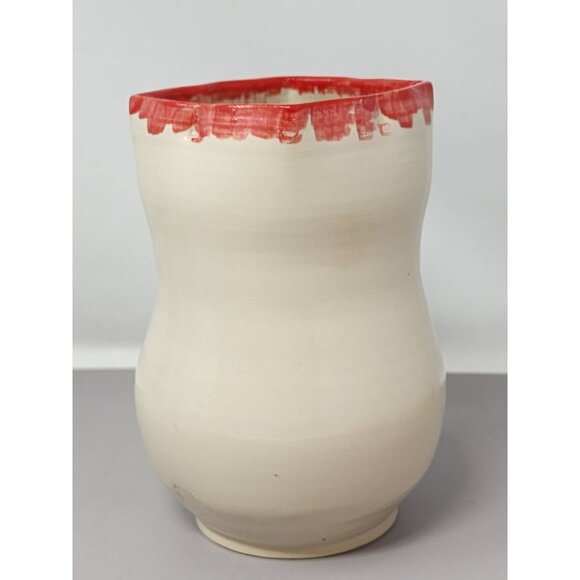 Handcrafted Ceramic Pitcher/Creamer Unique Green‎ Textured Branch Handle Red Rim - Picture 4 of 10